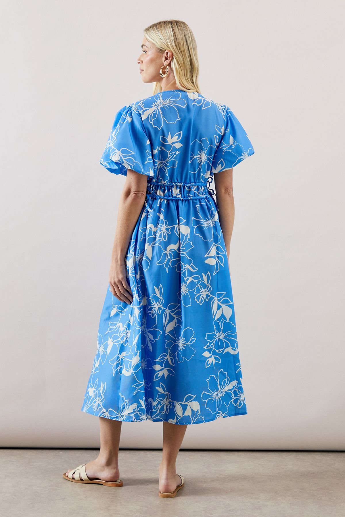 Wallis Wallis Women's Petite Floral Ruched Waist Midi Dress in Blue - 3