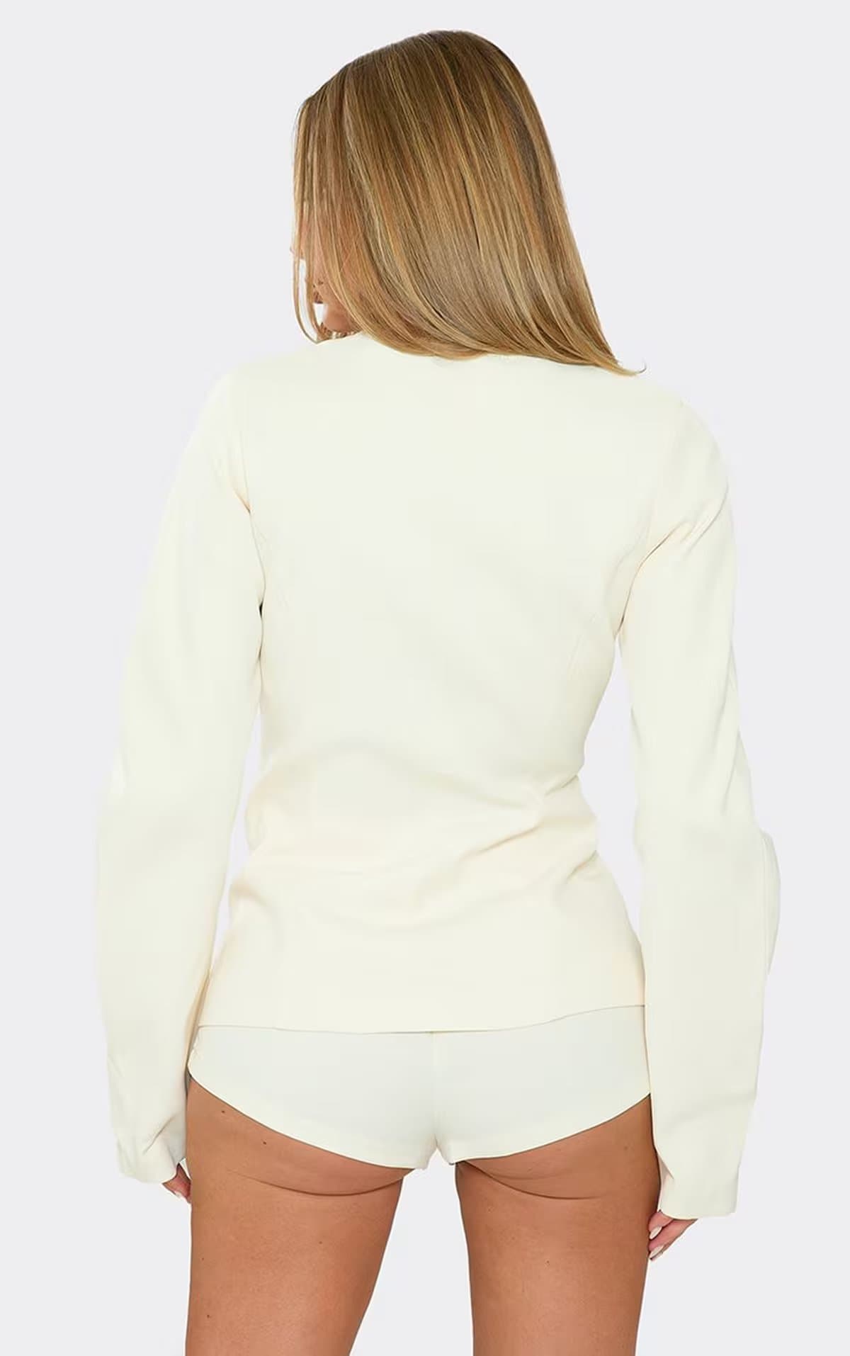 EGO Long Sleeve Plunge Front Cinched Waist Blazer Playsuit In Stone, Women's Size UK 6