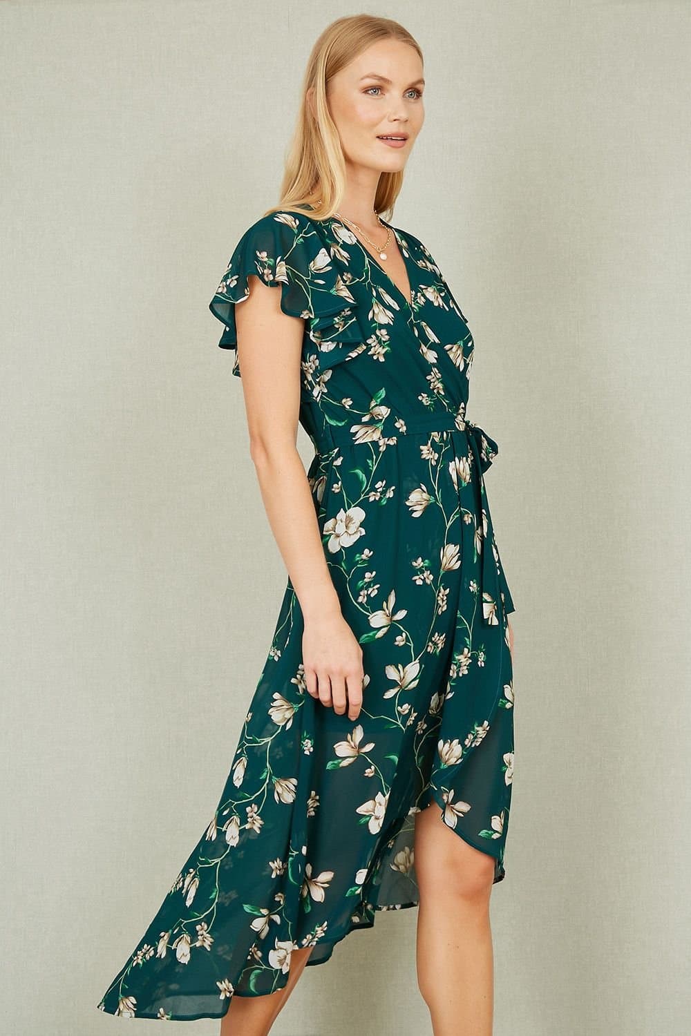 Yumi Yumi Women's Green Floral Wrap Midi Dress With Frill Hem
