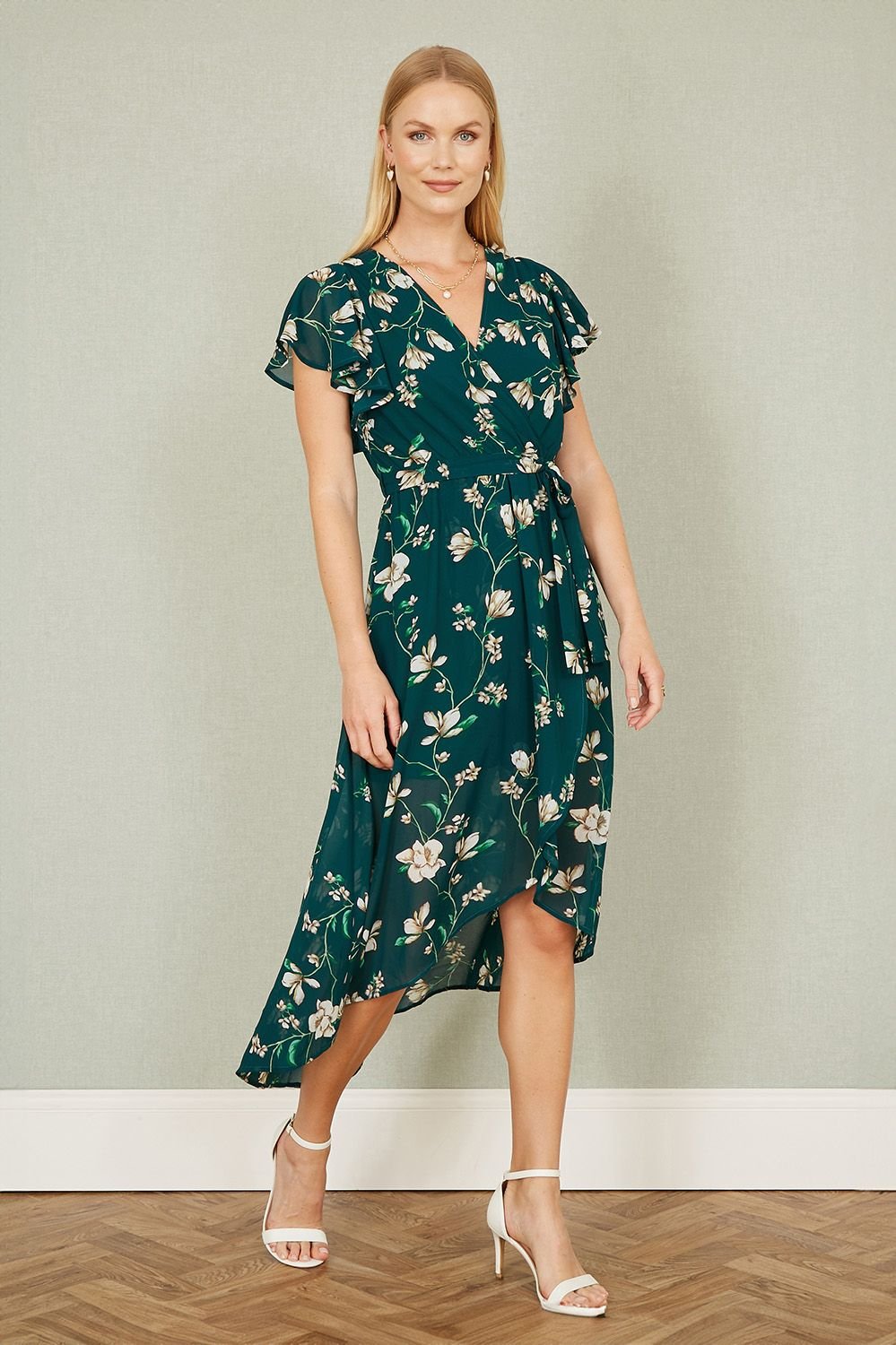 Yumi Yumi Women's Green Floral Wrap Midi Dress With Frill Hem - 3