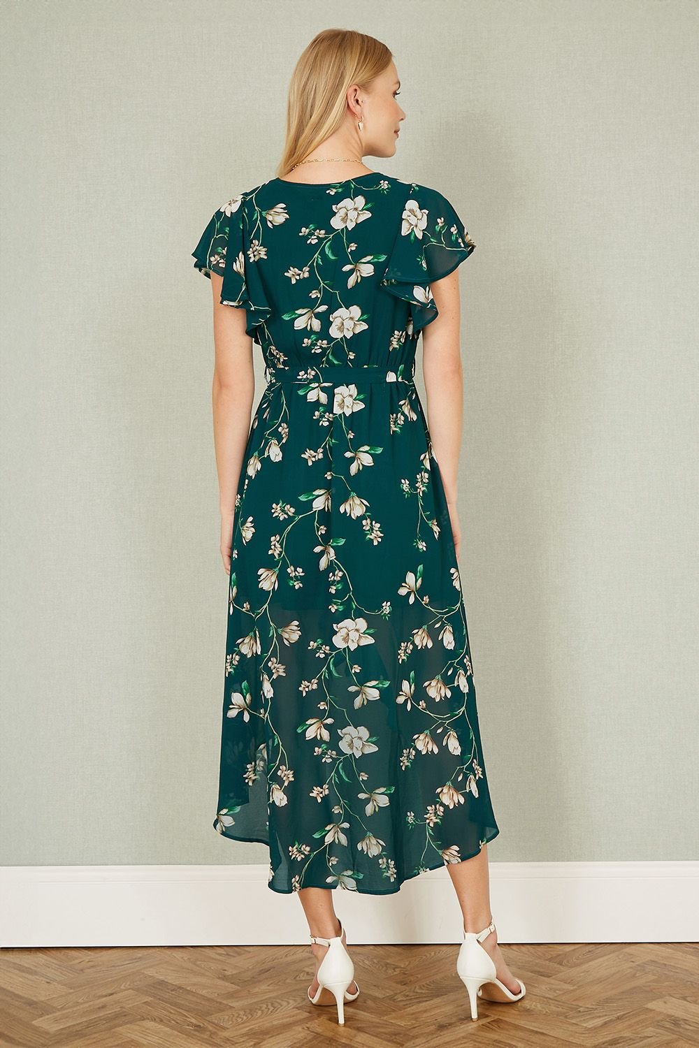 Yumi Yumi Women's Green Floral Wrap Midi Dress With Frill Hem - 4