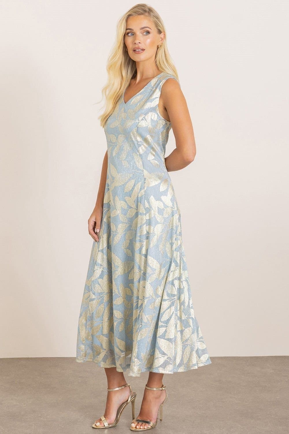 Klass. Klass. Women's Metallic Leaf Print V Neck Midaxi Dress in Light Blue