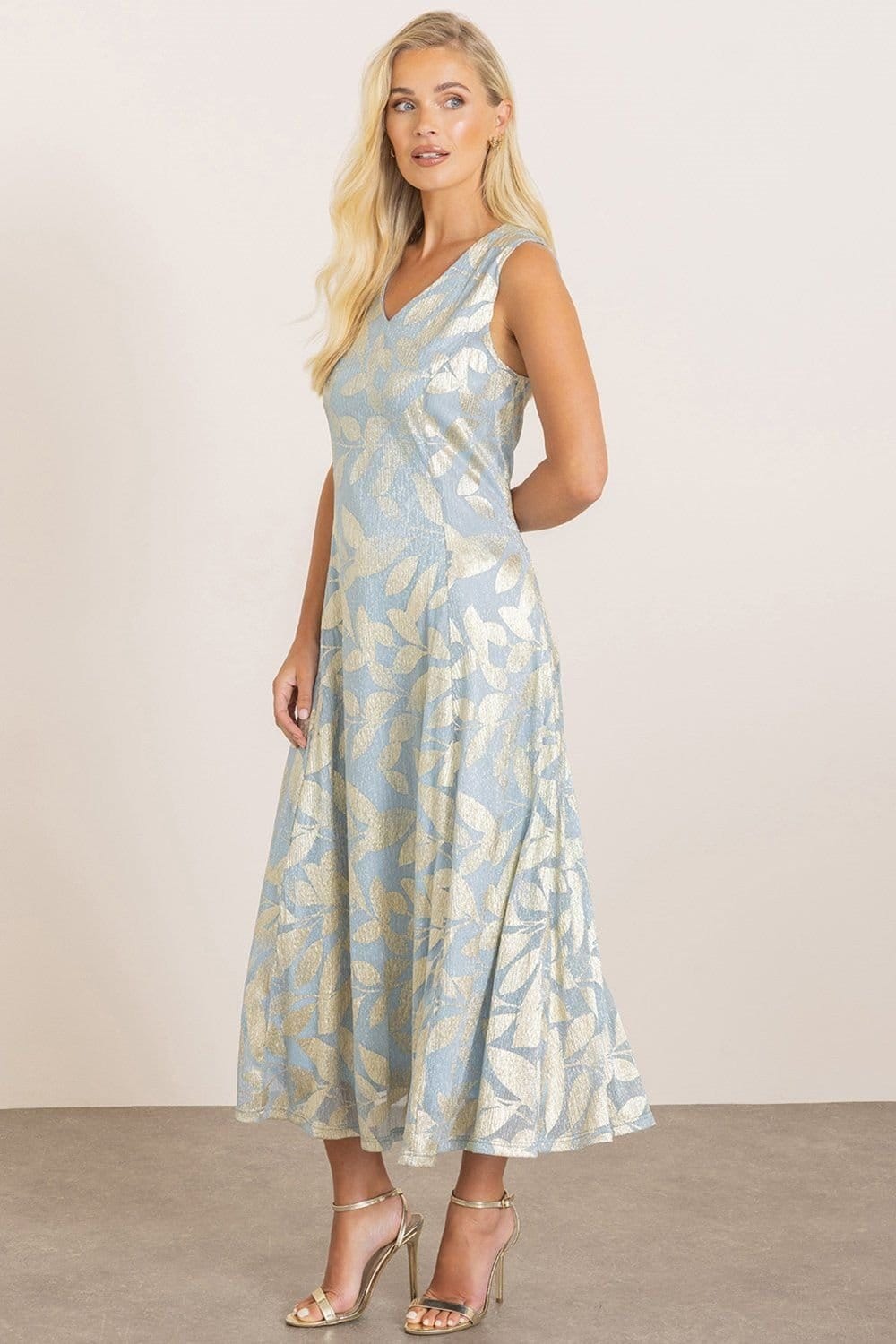 Klass Light Blue Metallic Leaf Print V-Neck Midi Dress