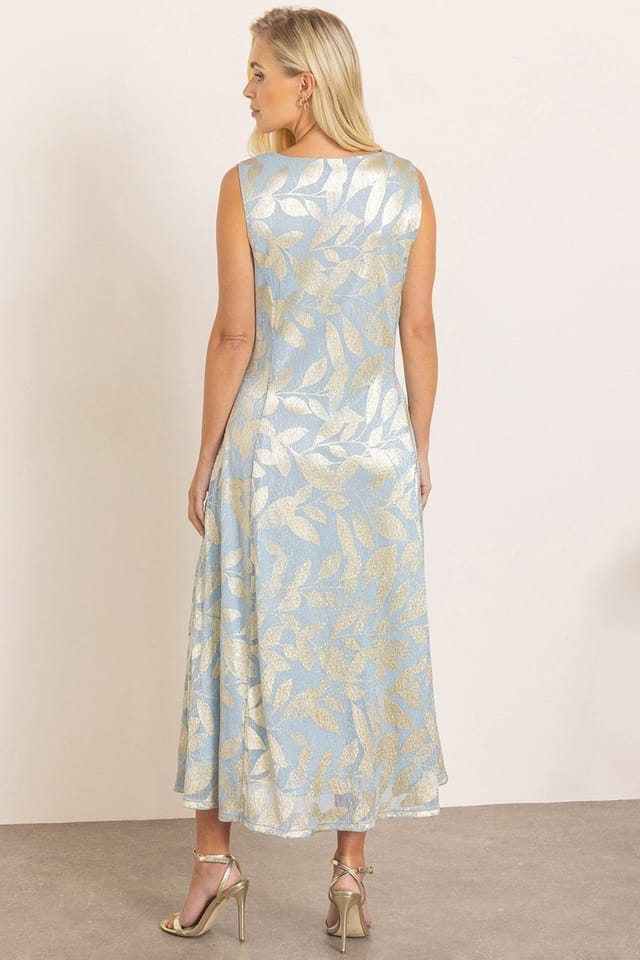 Klass. Klass. Women's Metallic Leaf Print V Neck Midaxi Dress in Light Blue - 3