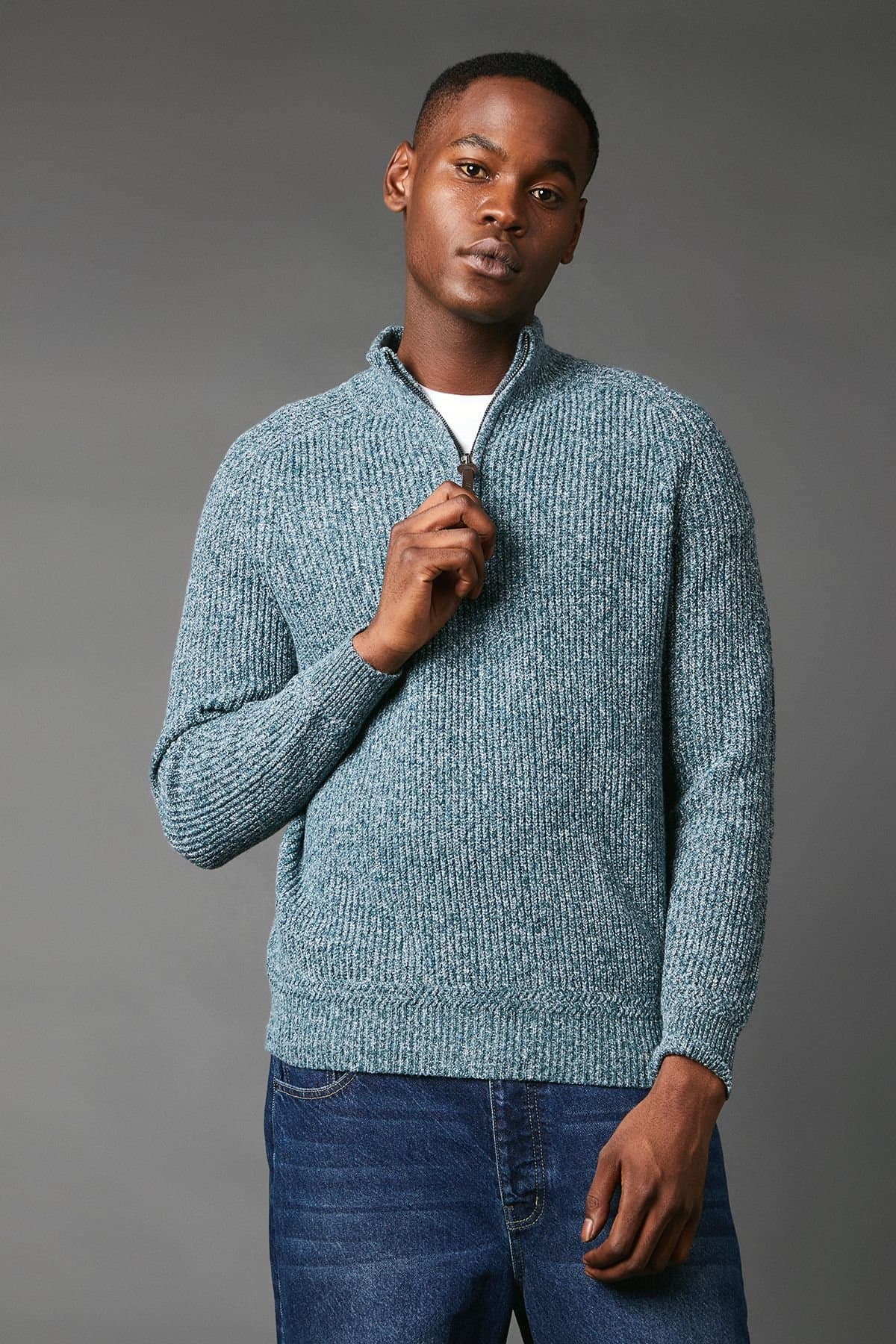 Maine Maine Men's Twisted Yarn Half Zip Knitted Jumper in Dark Blue