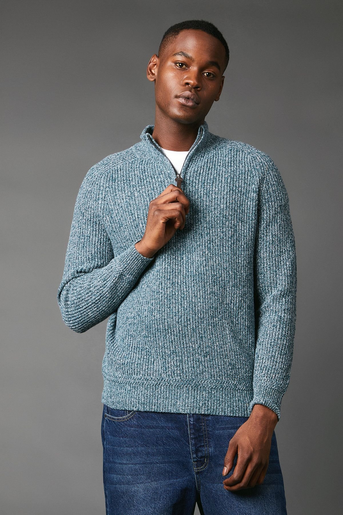 Maine Maine Men's Twisted Yarn Half Zip Knitted Jumper in Dark Blue - 2