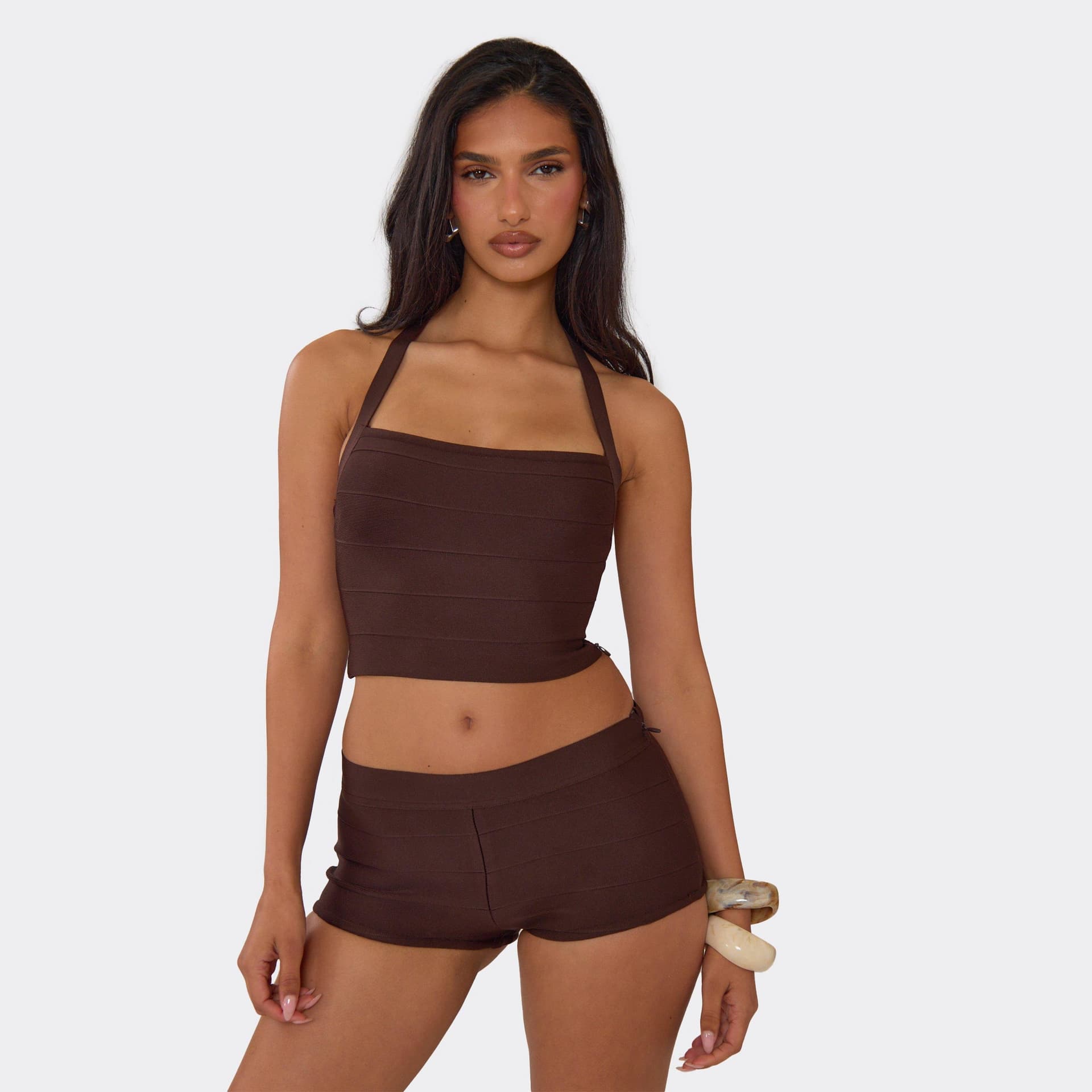 EGO Halterneck Crop Top In Chocolate Brown Bandage, Women's Size UK 6