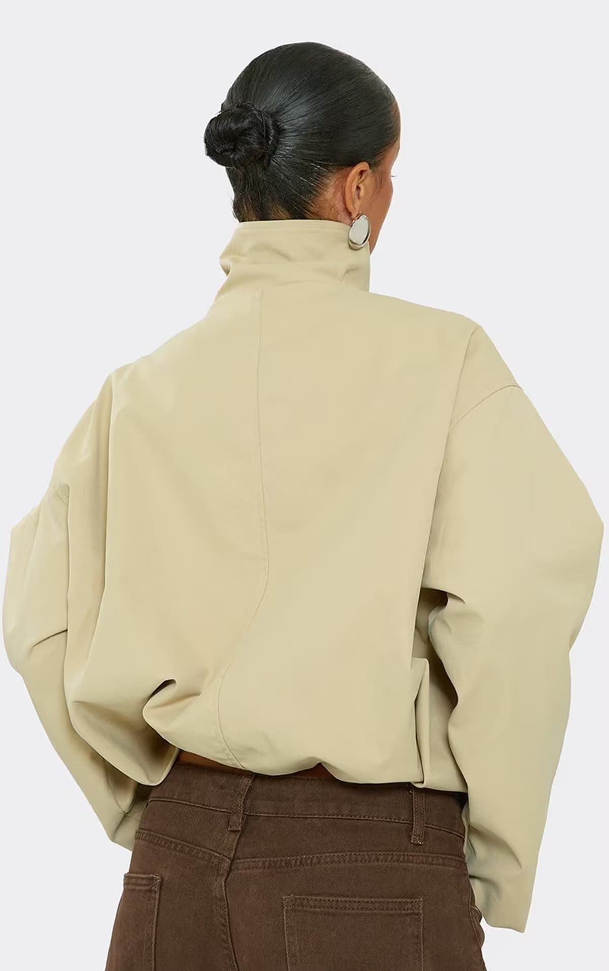 EGO Long Sleeve High Neck Oversized Pocket Detail Jacket In Beige, Women's Size UK 6