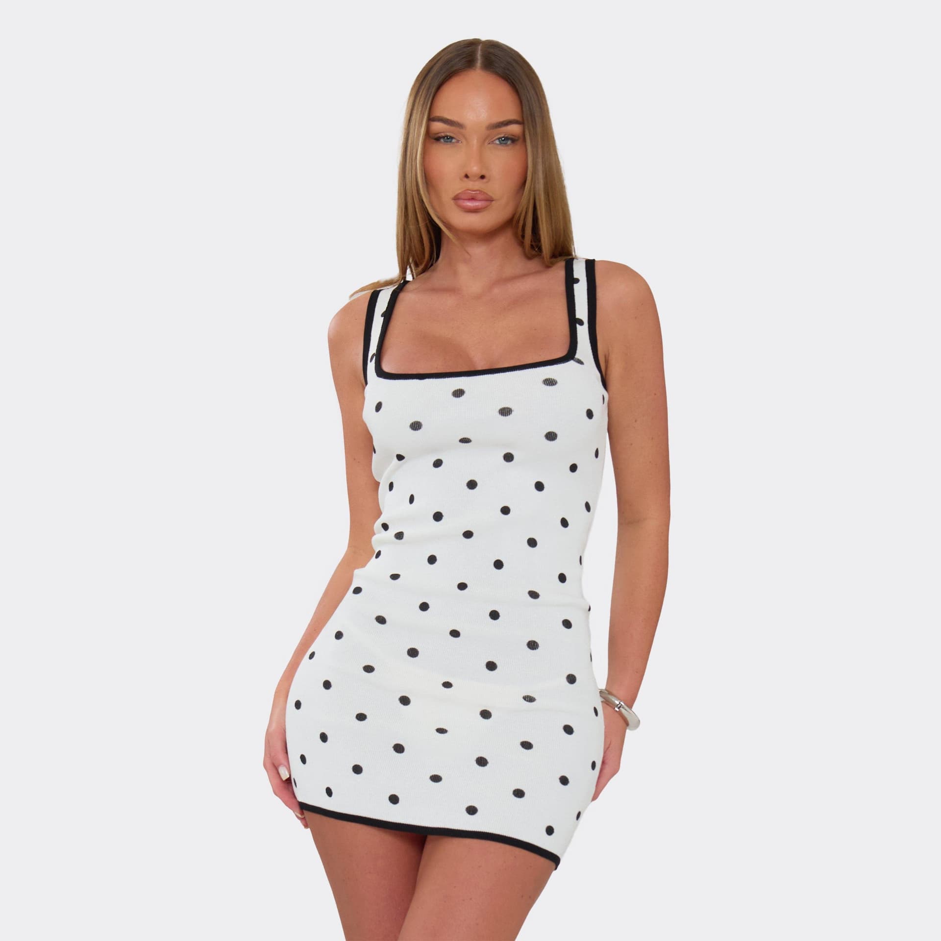 EGO Square Neck Contrast Hem Mini Dress In White Polka Dot Knit, Women's Size UK M/L