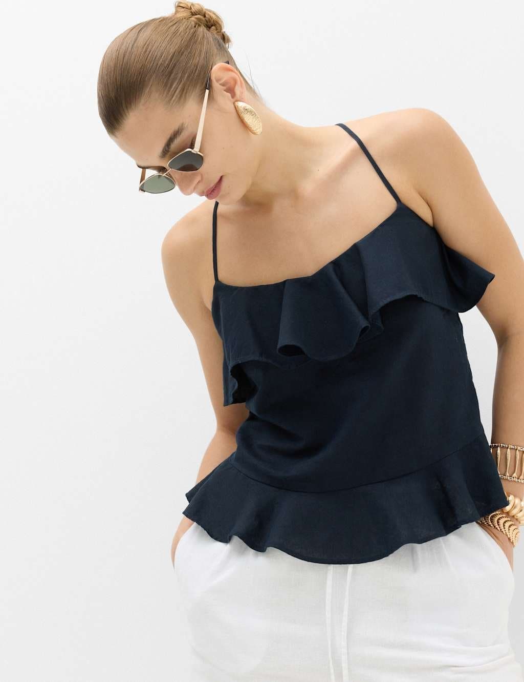 Marks & Spencer M&S Navy Linen Cotton Blend Ruffle Cami Top