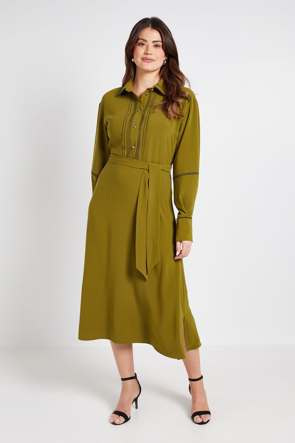 Wallis Wallis Women's Contrast Lace Trim Shirt Dress in Olive