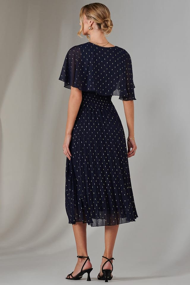 Jolie Moi Jolie Moi Women's Metallic Spot Chiffon Pleated Dress in Navy - 2