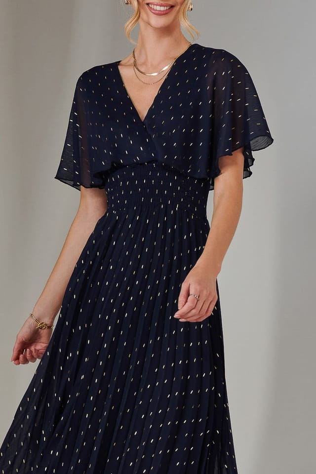 Jolie Moi Jolie Moi Women's Metallic Spot Chiffon Pleated Dress in Navy - 3