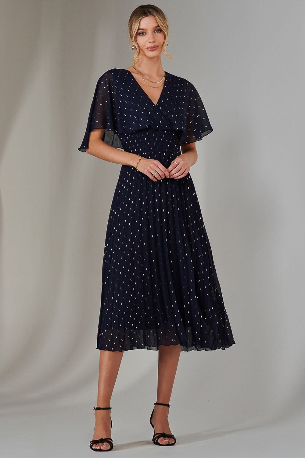 Jolie Moi Jolie Moi Women's Metallic Spot Chiffon Pleated Dress in Navy - 4