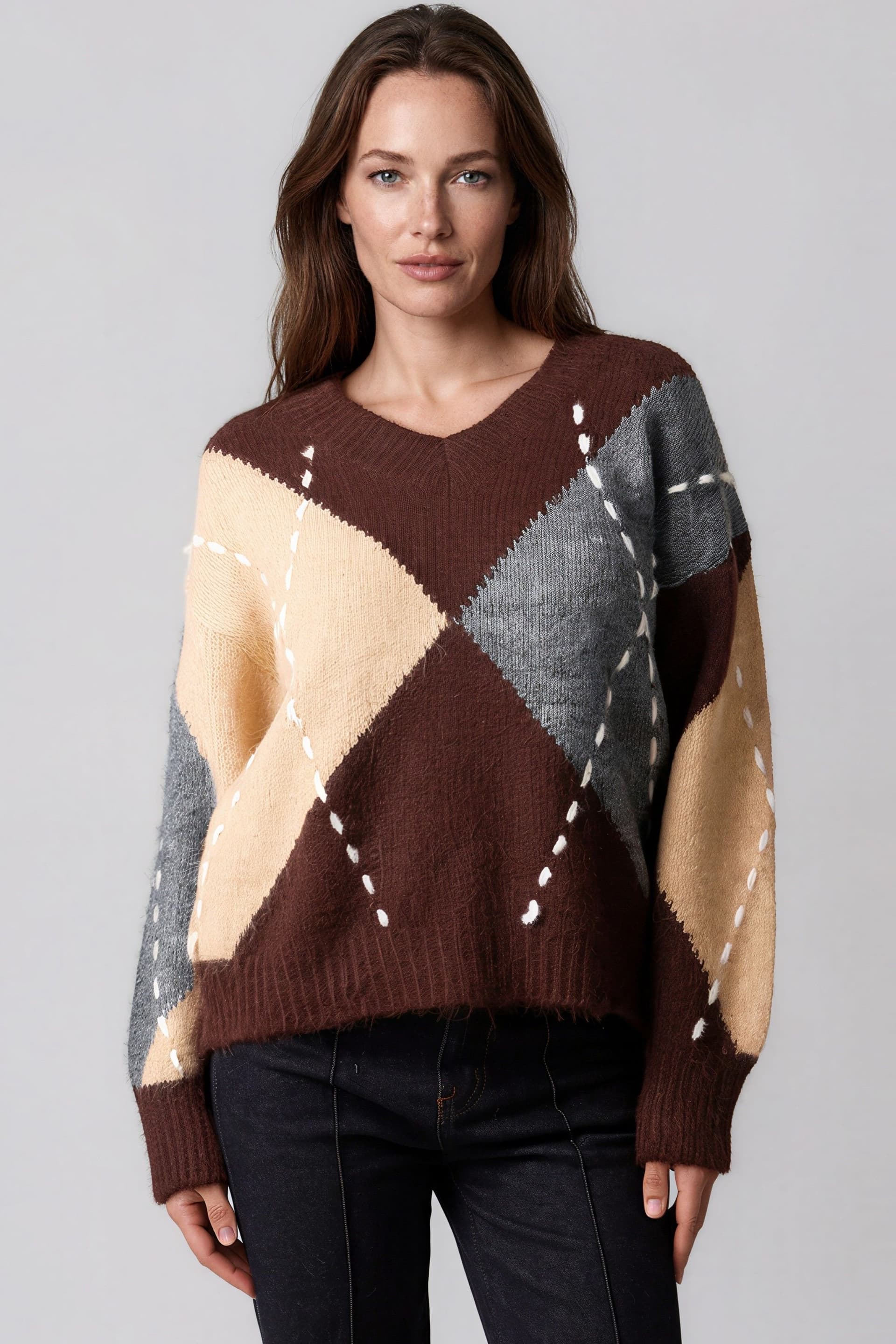 Aftershock London Aftershock London Women's Argyle Pattern V Neck Jumper in Brown