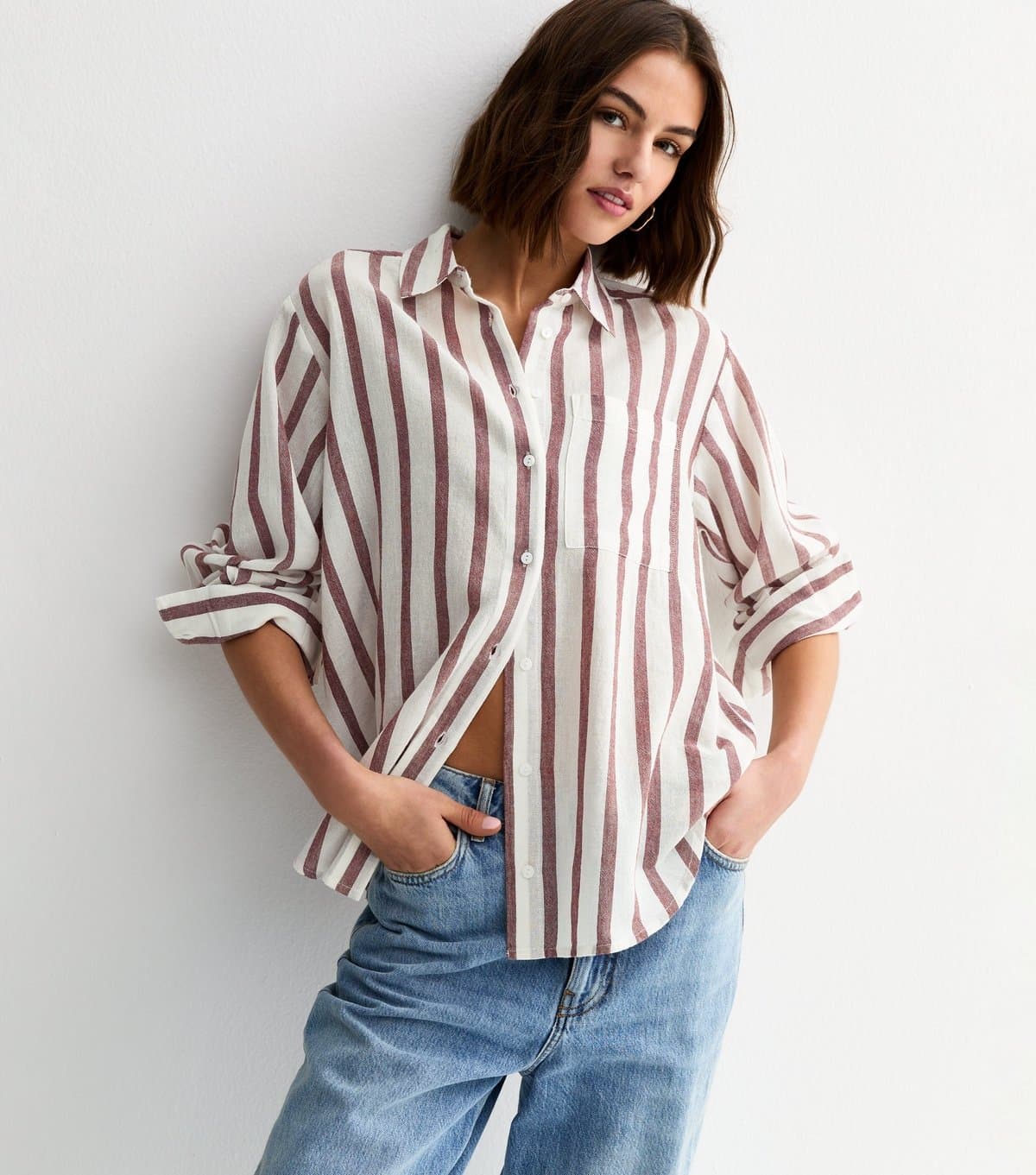 New Look Women's White and Brown Cotton Striped Long Sleeve Shirt New Look