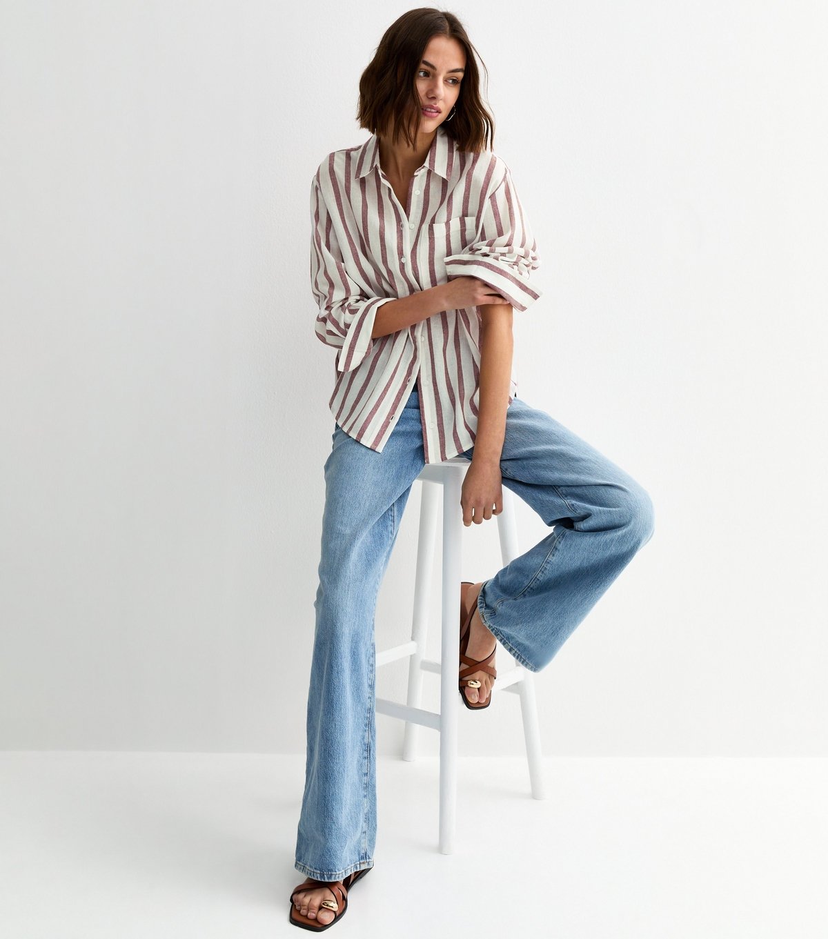 New Look Women's White and Brown Cotton Striped Long Sleeve Shirt New Look - 3