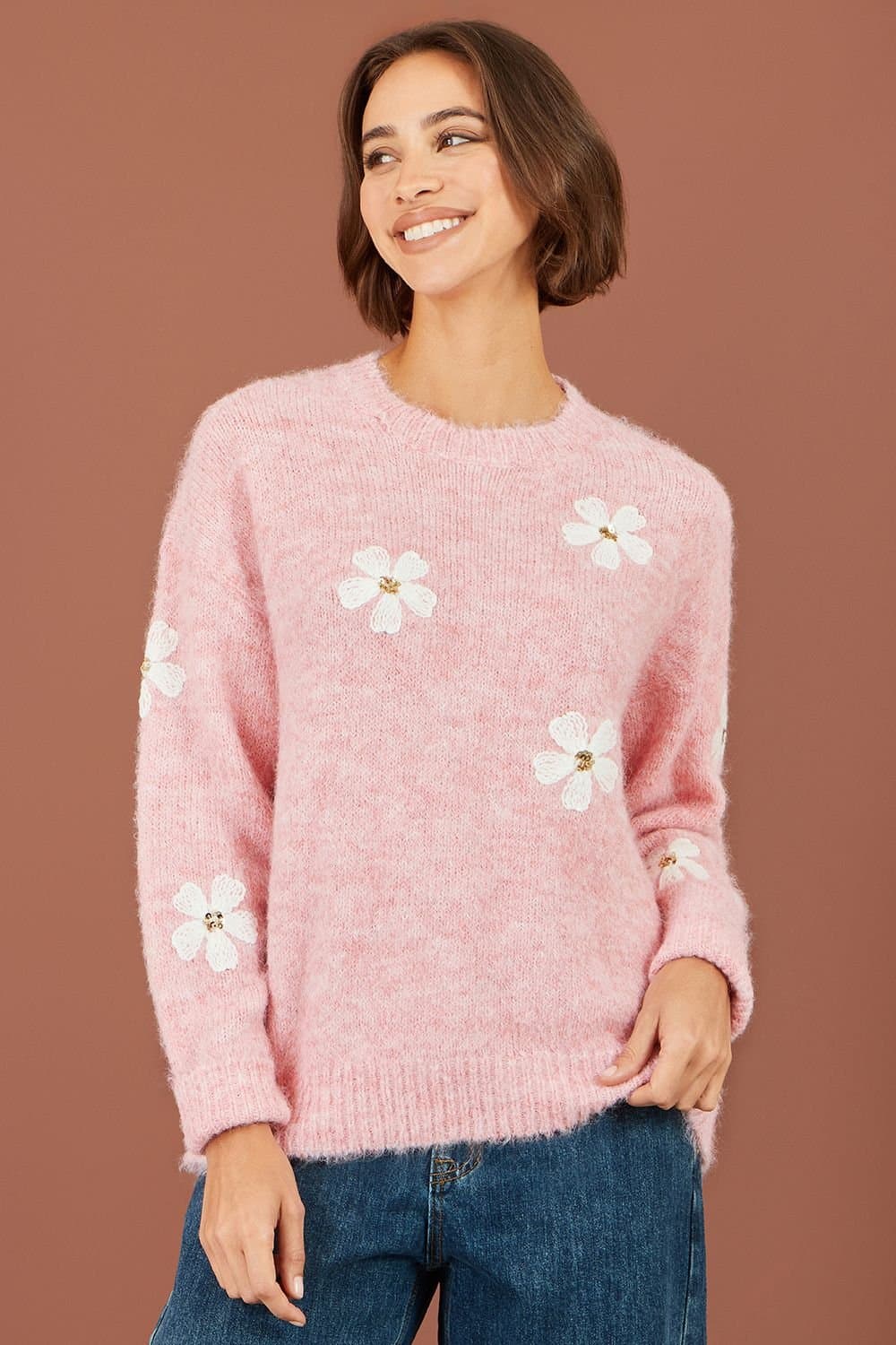 Yumi Yumi Women's Relaxed Jumper With Crochet Flowers in Pink