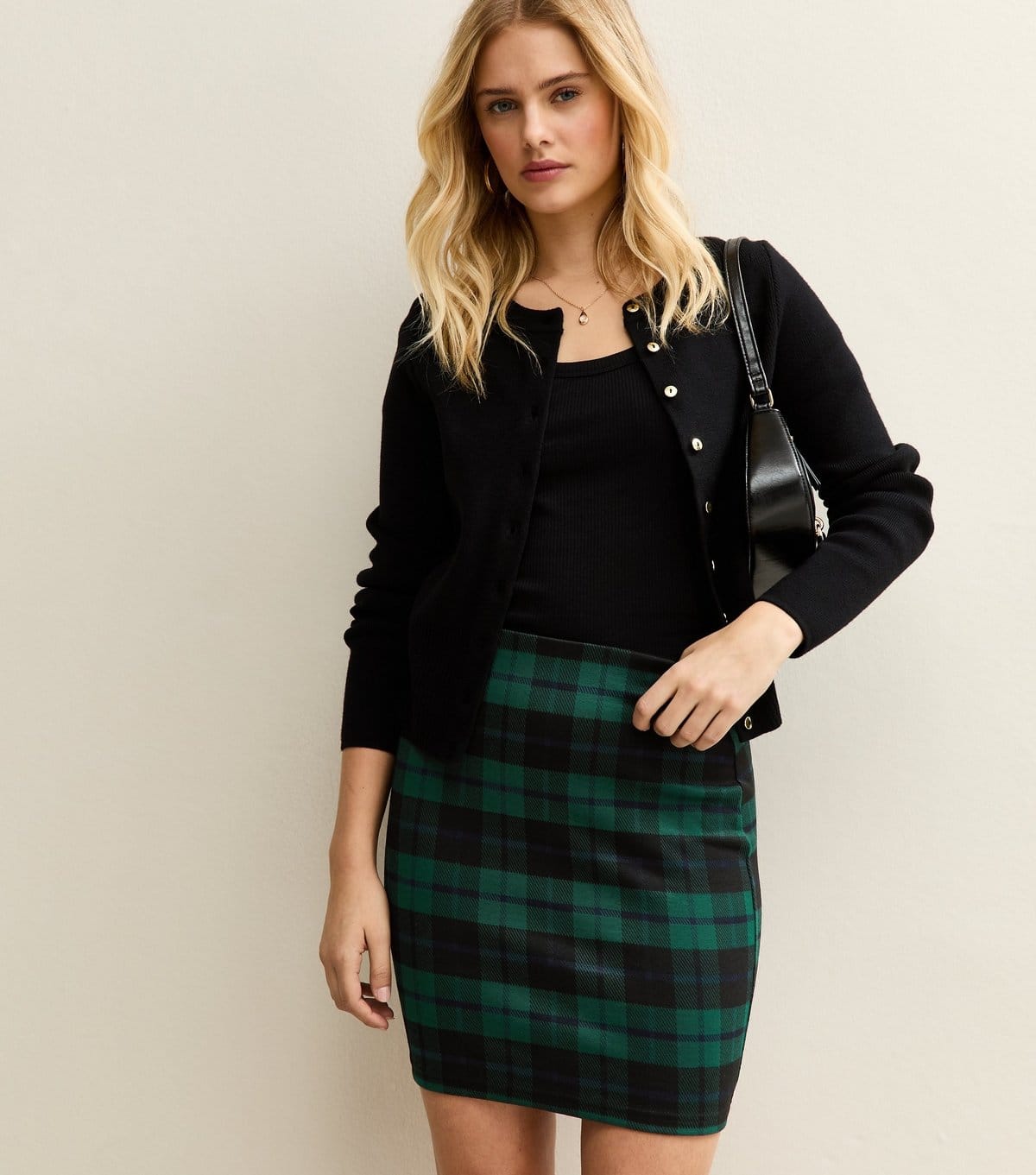 New Look Green Check Jacquard Tube Mini Skirt