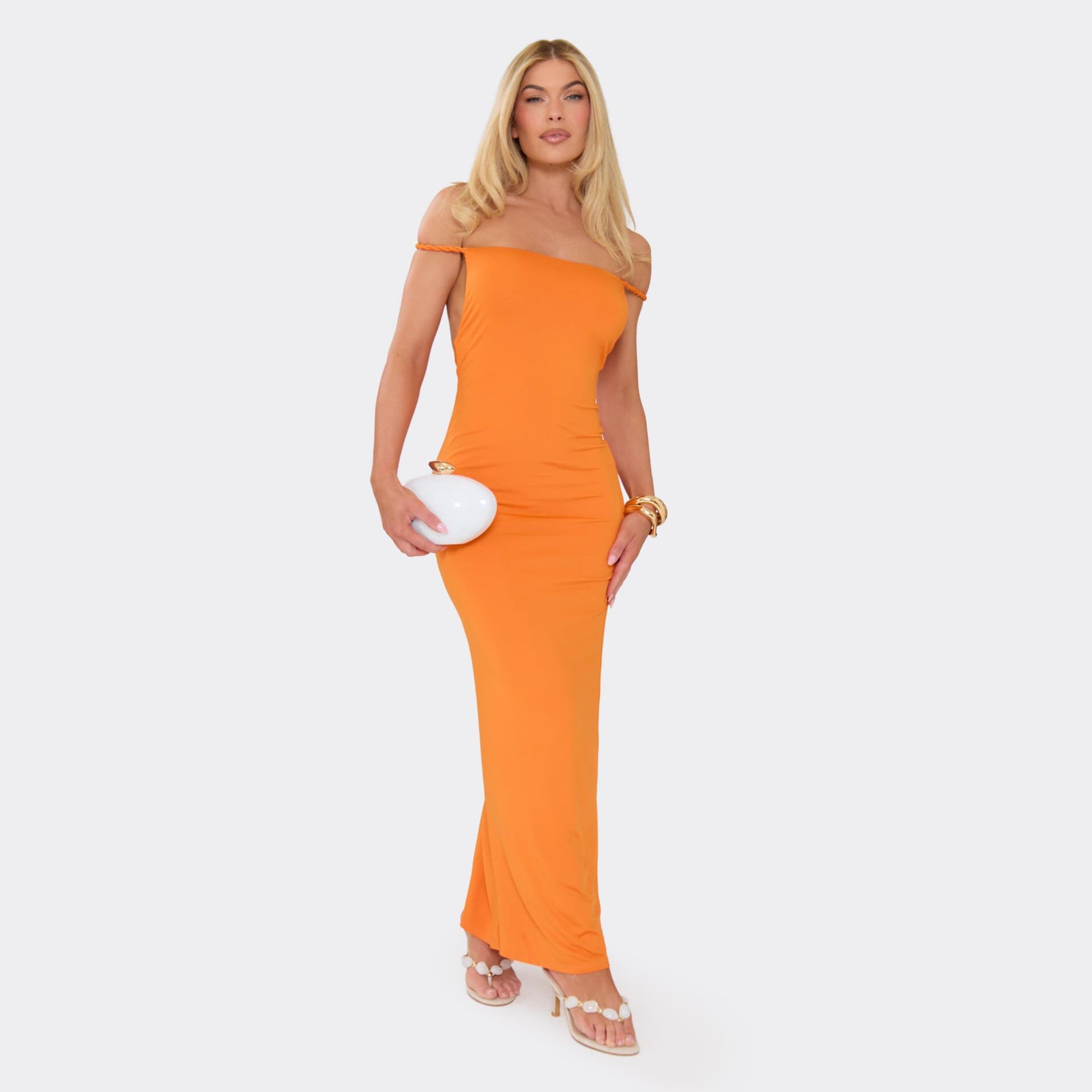 EGO Off The Shoulder Twisted Strap Ruched Back Maxi Dress In Orange, Women's Size UK 6