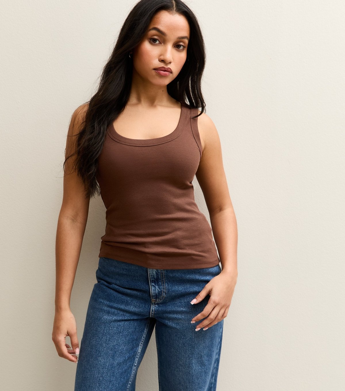 New Look Women's Petite Dark Brown Ribbed Scoop Neck Tank Top New Look - 2
