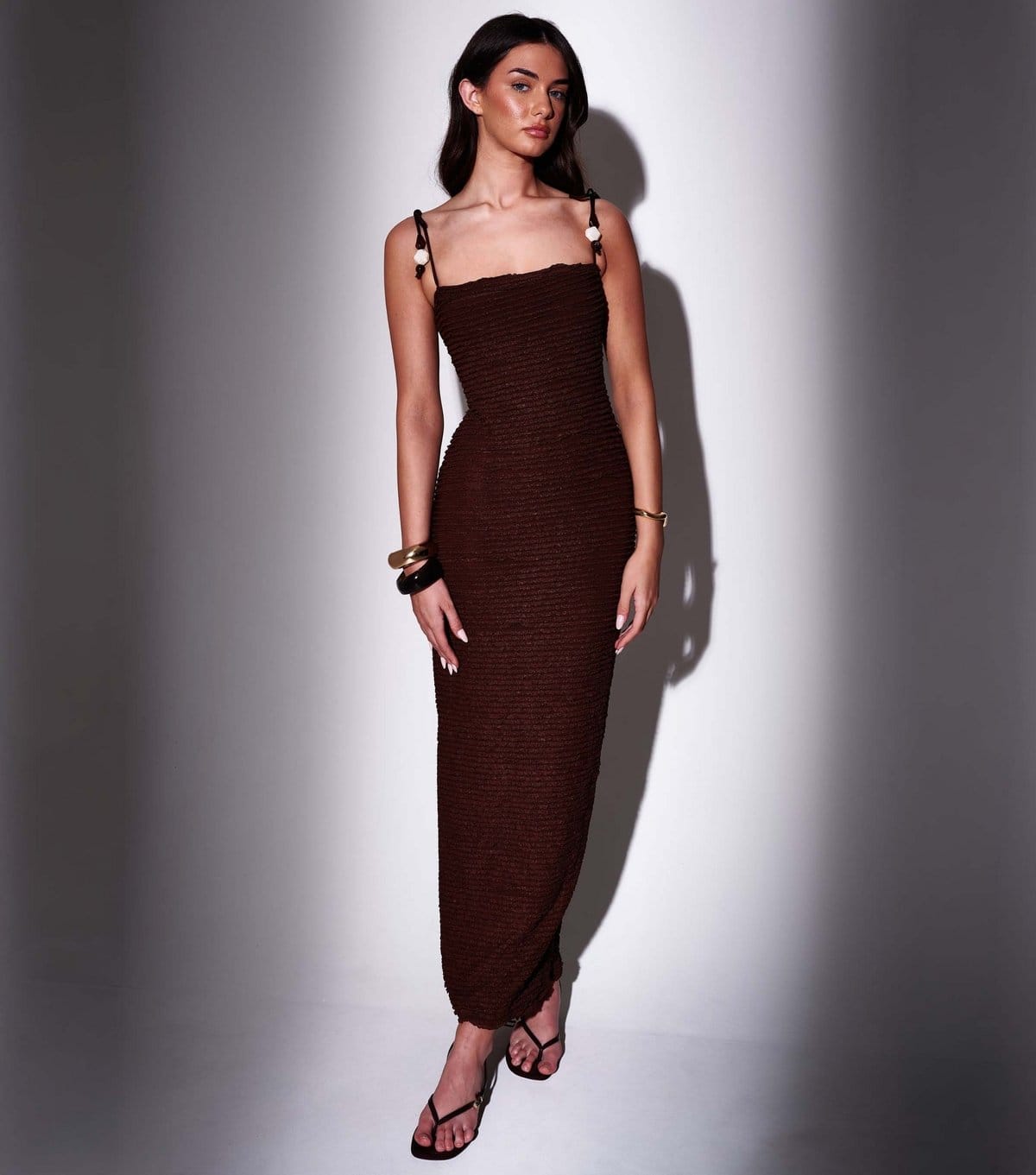 South Beach Women's Dark Brown Textured Beaded Strap Maxi Dress South Beach New Look - 1