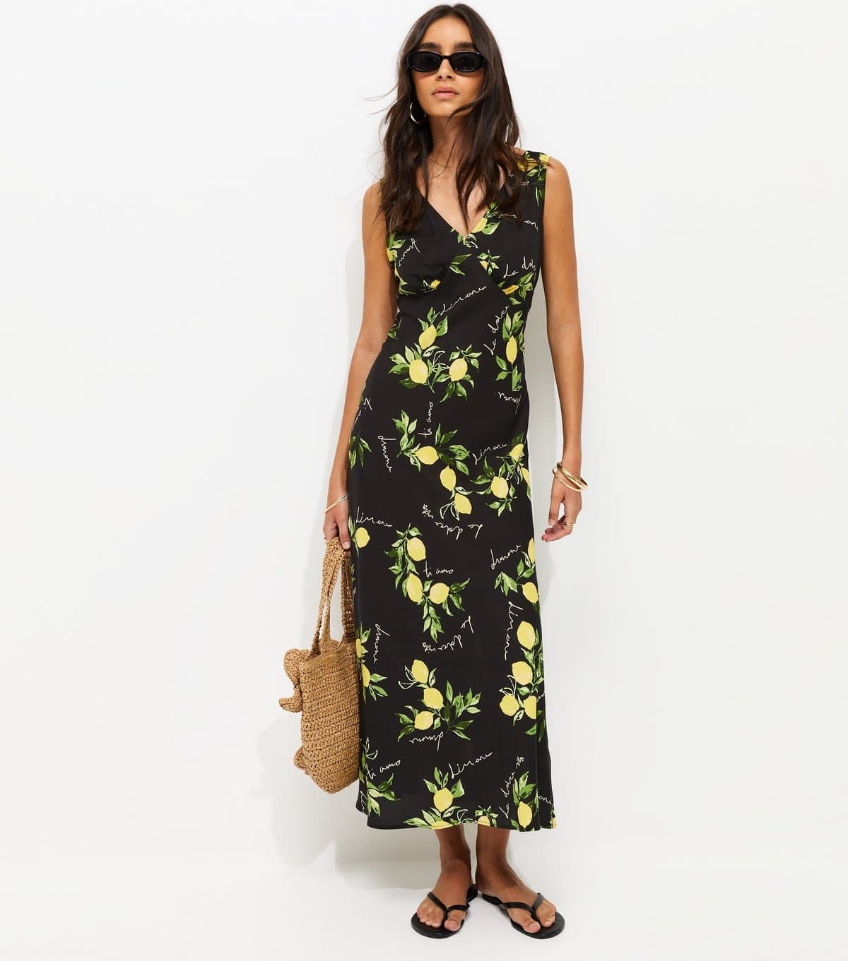 New Look Women's Black Lemon Print V-Neck Midi Dress New Look