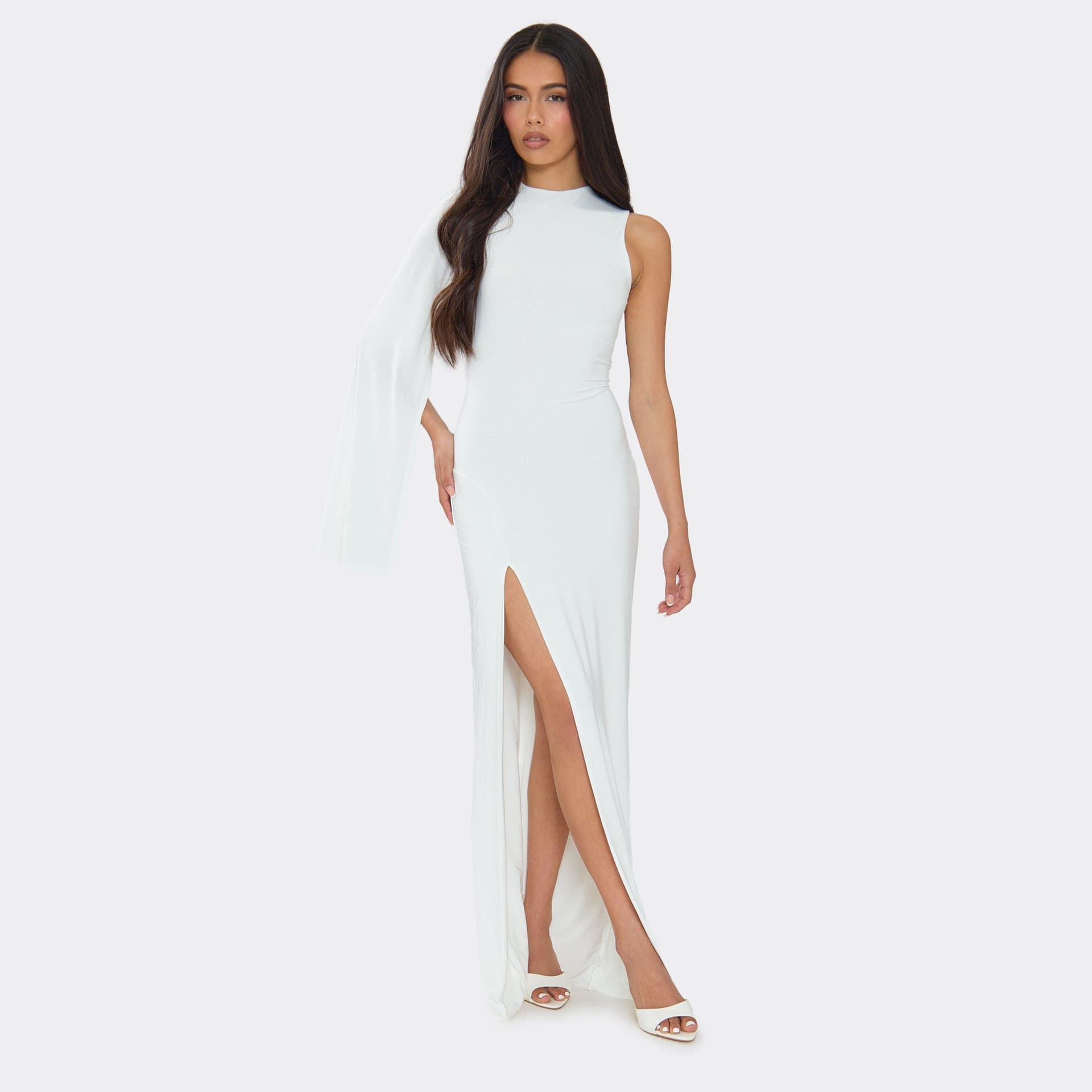 EGO Draped Once Sleeve Split Leg Maxi Dress In White, Women's Size UK 6