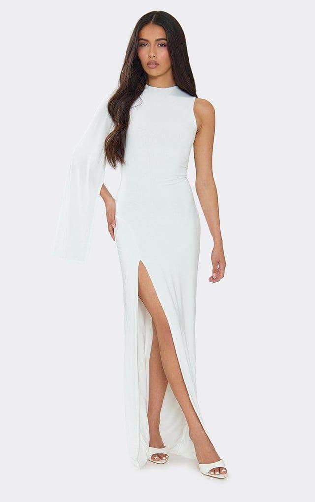EGO Draped Once Sleeve Split Leg Maxi Dress In White, Women's Size UK 6 - 2