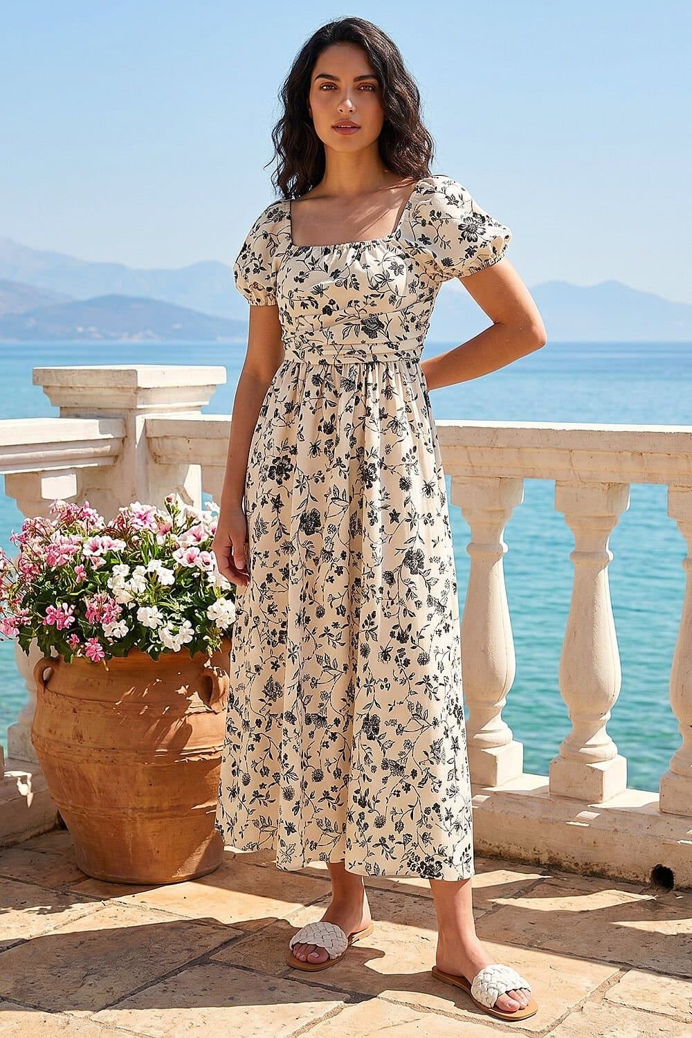 Dusk Dusk Women's Floral Puff Sleeve Midi Dress in Ivory