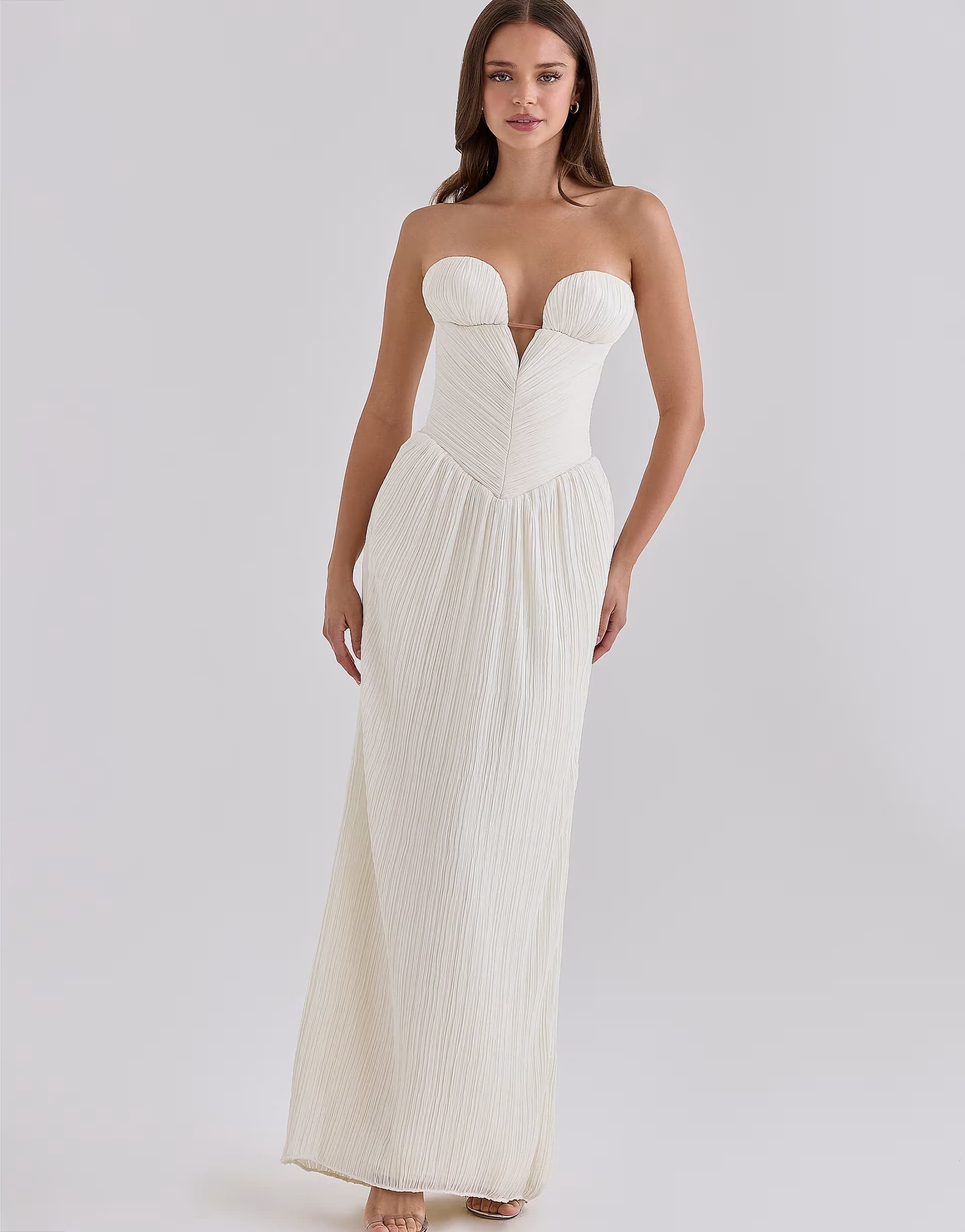 ASOS House of CB Valeriana white chiffon micro pleat strapless maxi gown in white