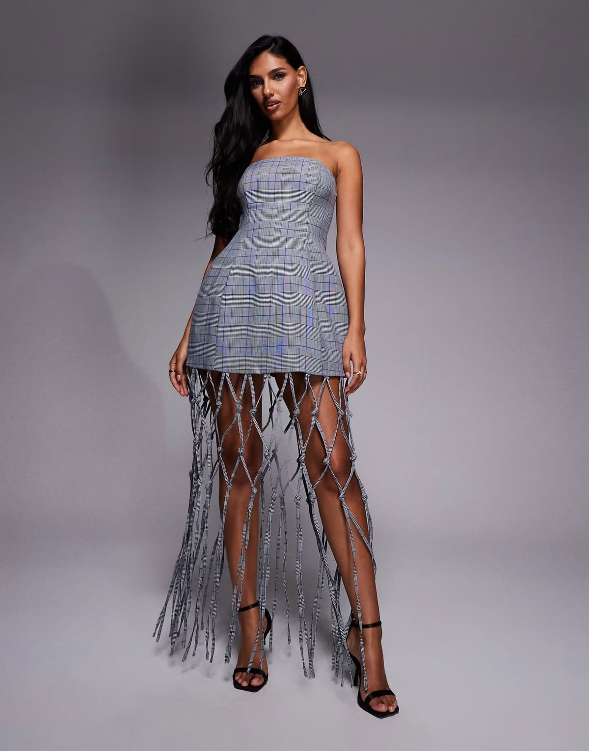 ASOS ASOS LUXE tailored bandeau mini dress with macrame fringing in check - 1