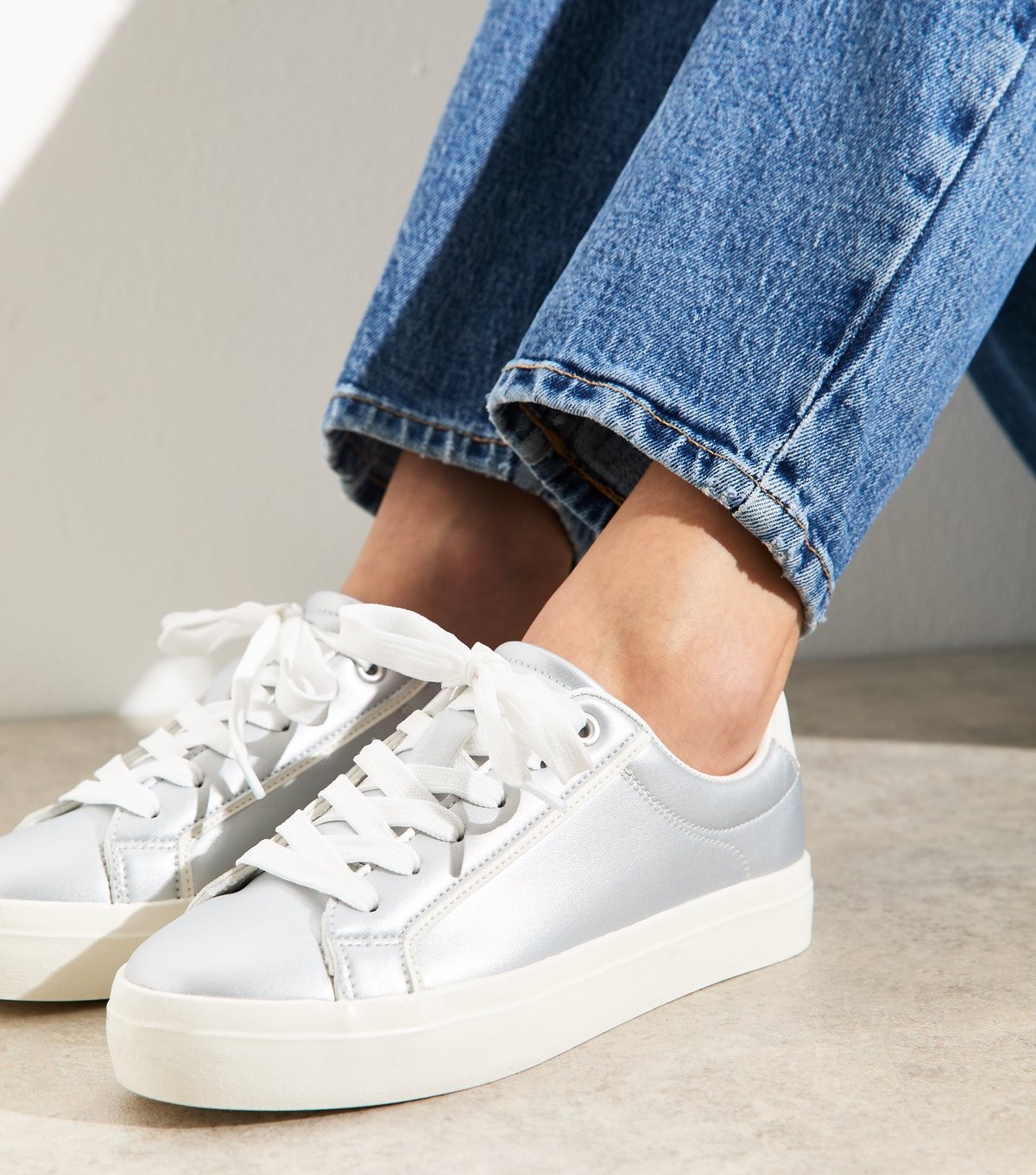 New Look Women's Silver Faux Leather Contrast Heel Tab Trainers Vegan New Look - 2