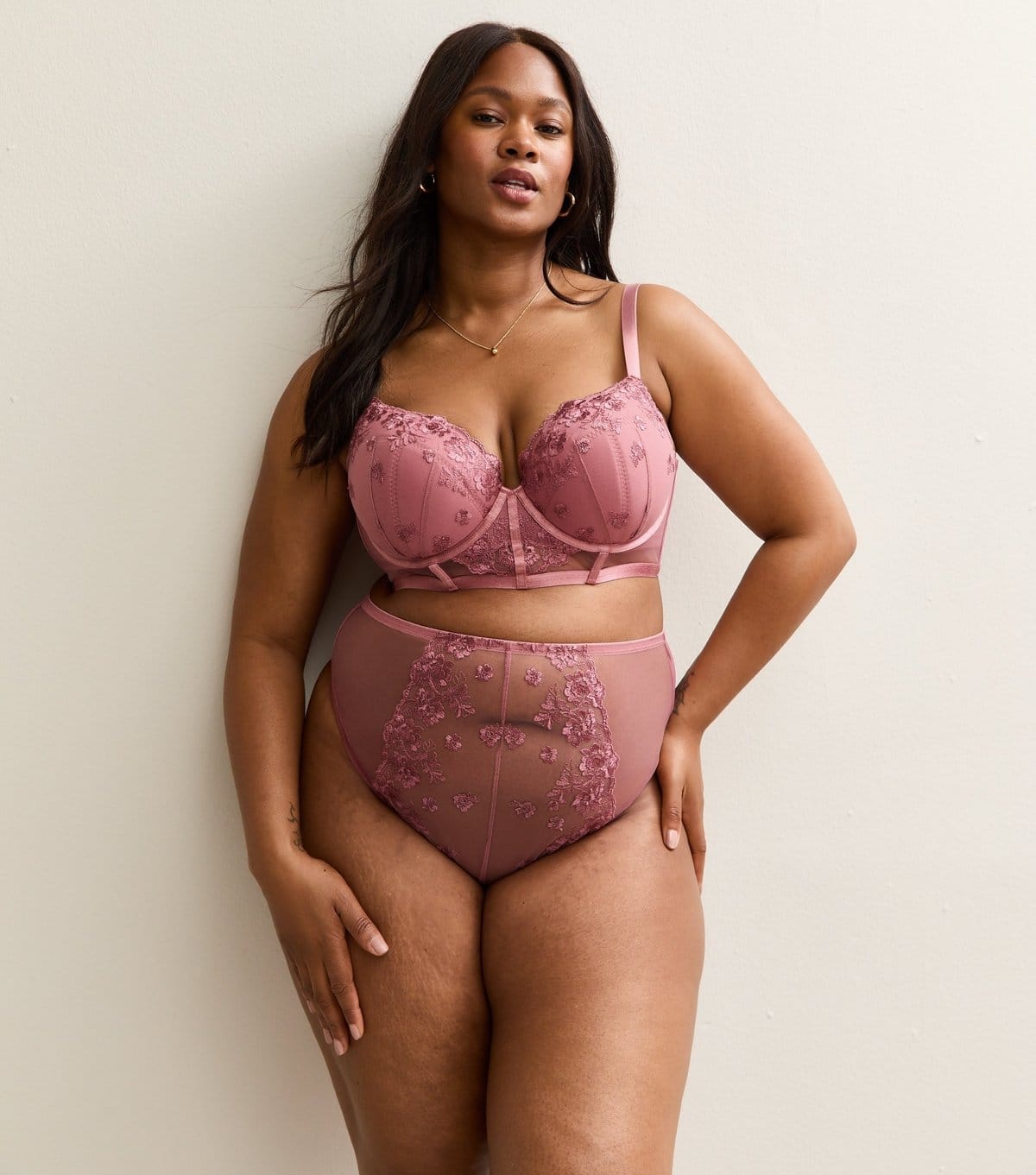 New Look Women's Plus Size Pink Embroidered High Waisted Brazilian Briefs Curves New Look - 1