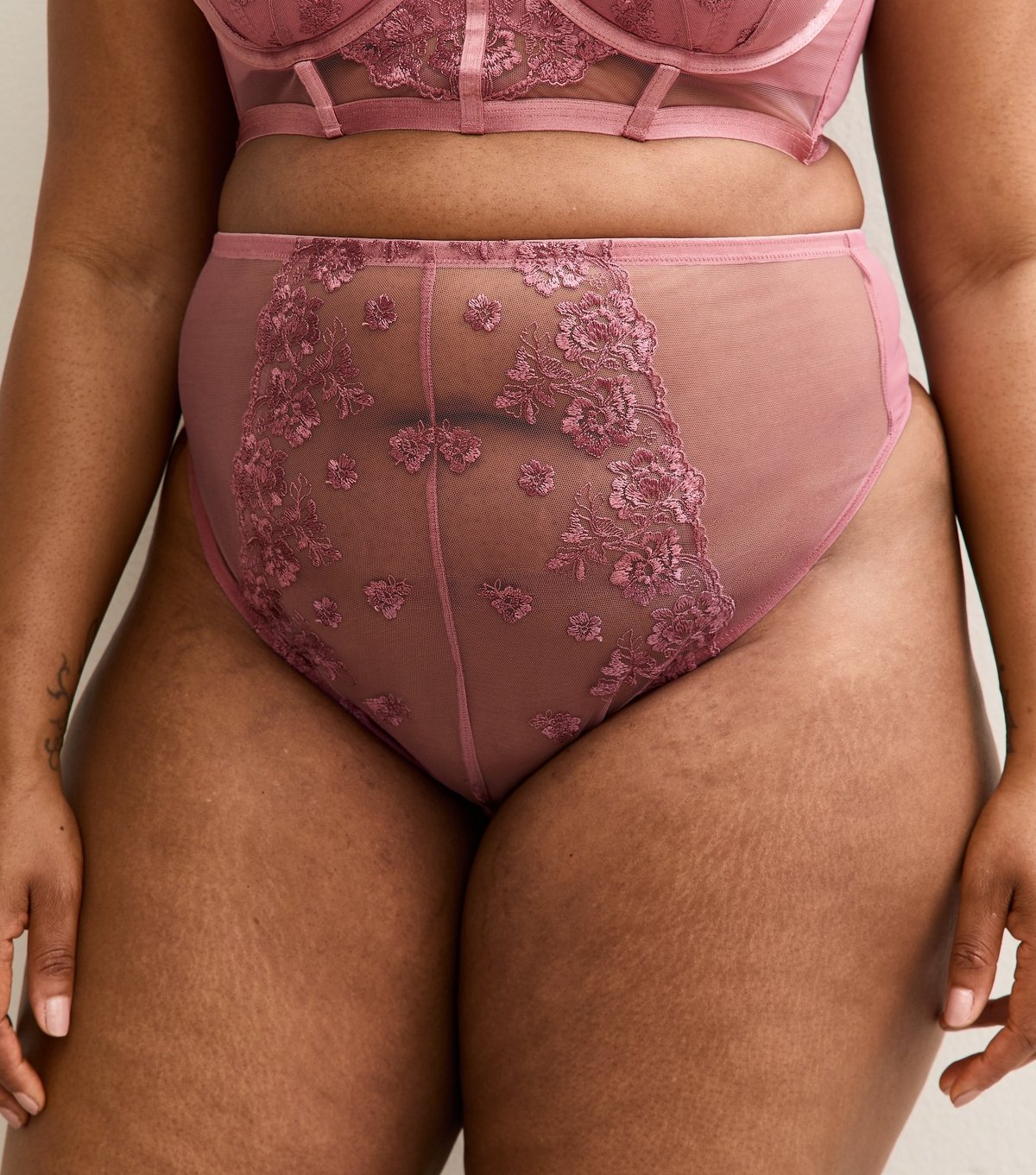 New Look Women's Plus Size Pink Embroidered High Waisted Brazilian Briefs Curves New Look - 3