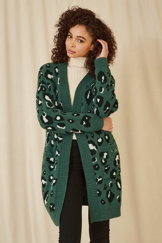 Yumi Yumi Women's Green Animal Intarsia Long Cardigan - 2