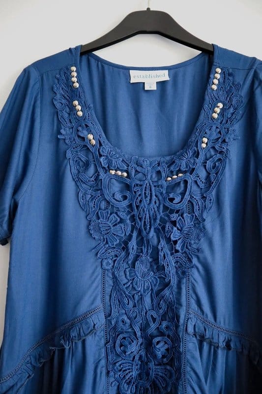 Established Size 8 Blue Bead Lace Embellished Top By Established - 1