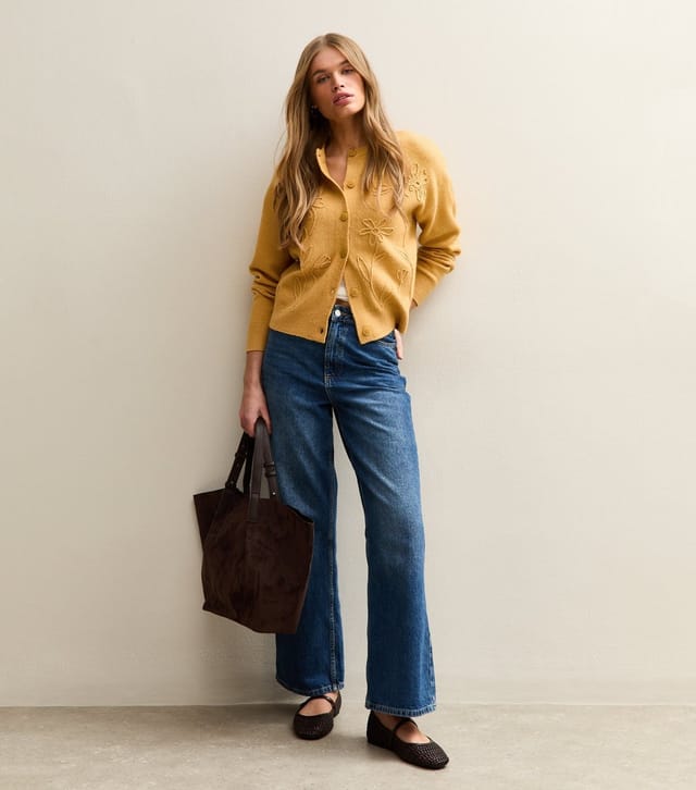 New Look Women's Dark Yellow 3D Floral Knitted Cardigan New Look - 2