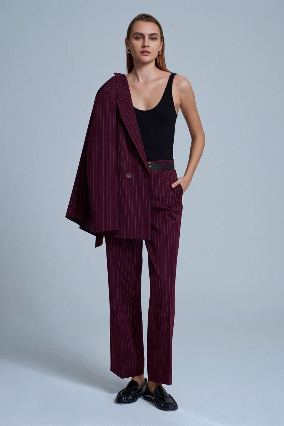 Dilvin Burgundy Striped Tailored Straight-leg Trousers