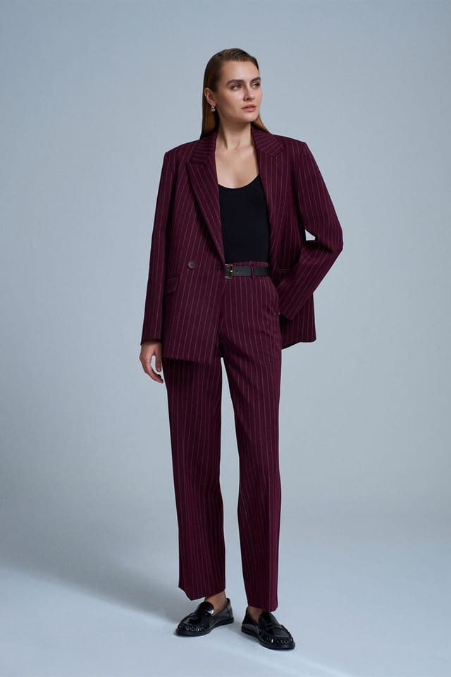 Dilvin Dilvin Women's Striped Straight-leg Tailored Trousers in Burgundy - 2