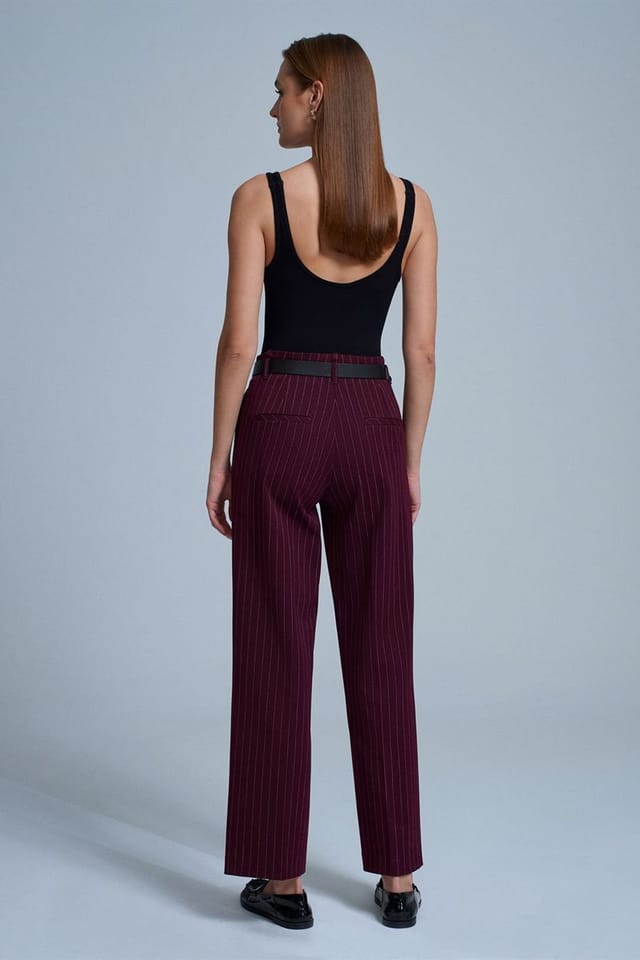 Dilvin Dilvin Women's Striped Straight-leg Tailored Trousers in Burgundy - 3