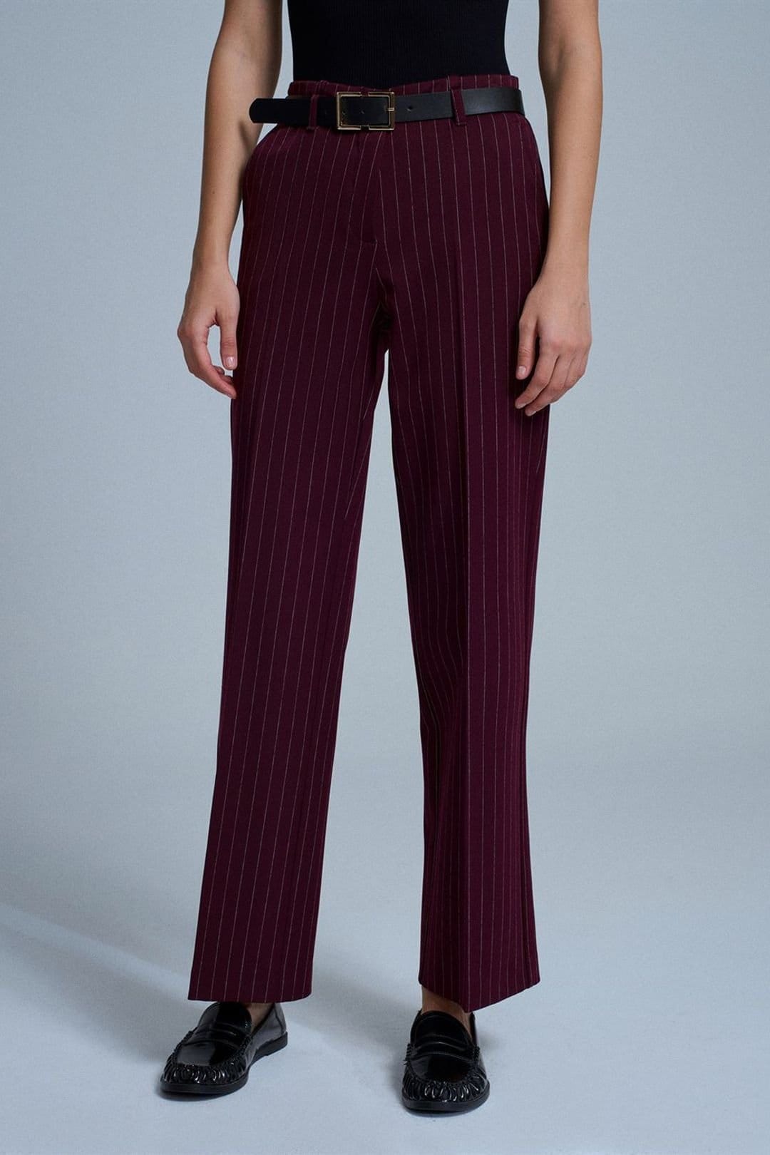 Dilvin Dilvin Women's Striped Straight-leg Tailored Trousers in Burgundy - 4