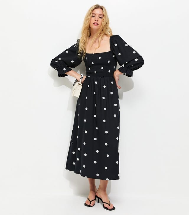 New Look Women's Black Polka Dot Shirred Cropped Sleeve Midi Dress New Look - 2