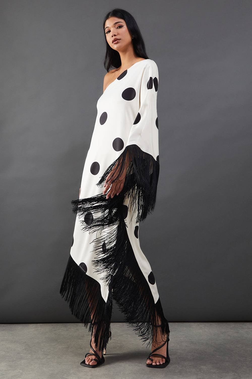 Warehouse Warehouse Women's Premium Fringe Trim One Shoulder Midi Dress in Ivory - 2