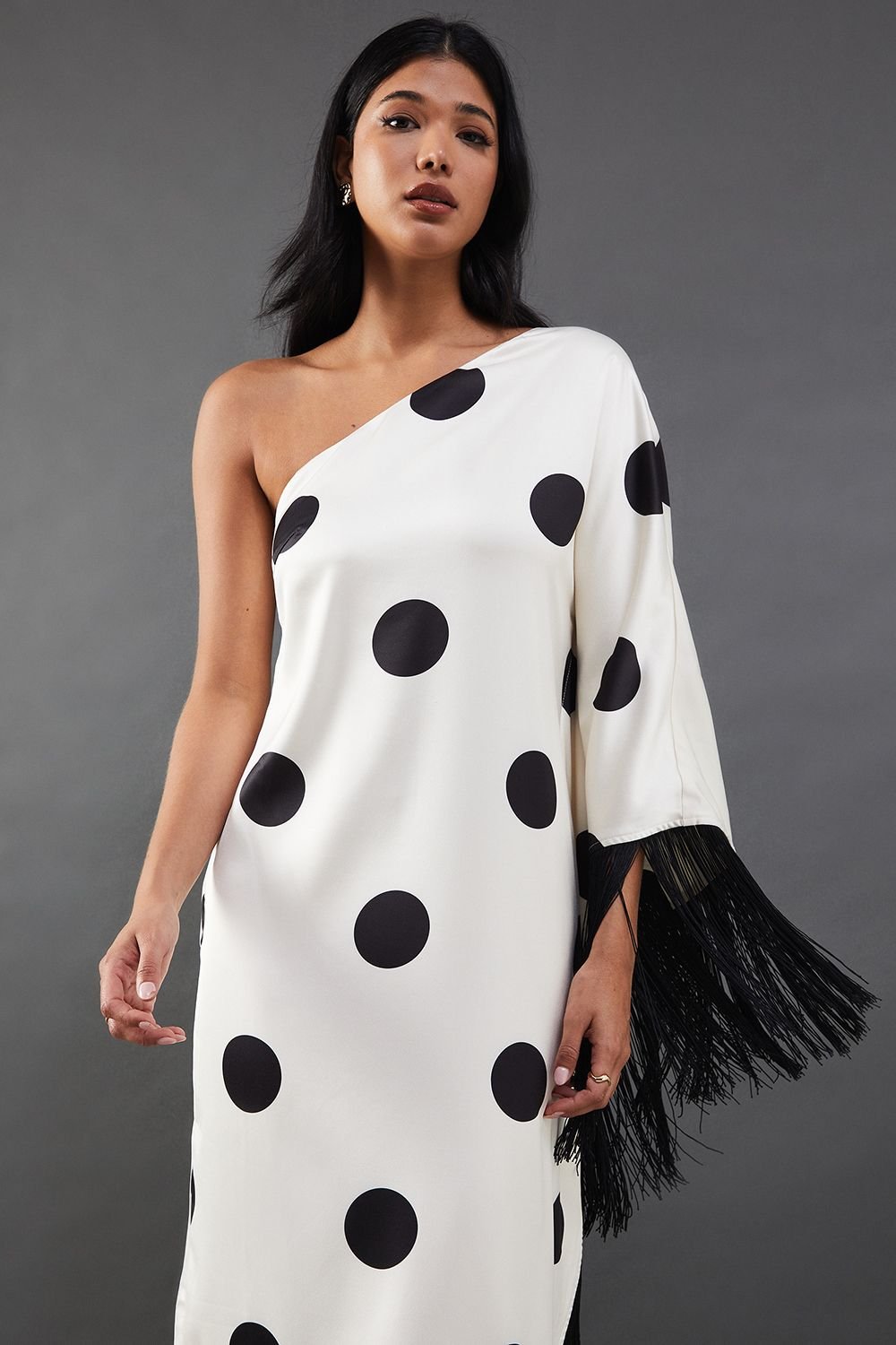 Warehouse Warehouse Women's Premium Fringe Trim One Shoulder Midi Dress in Ivory - 4