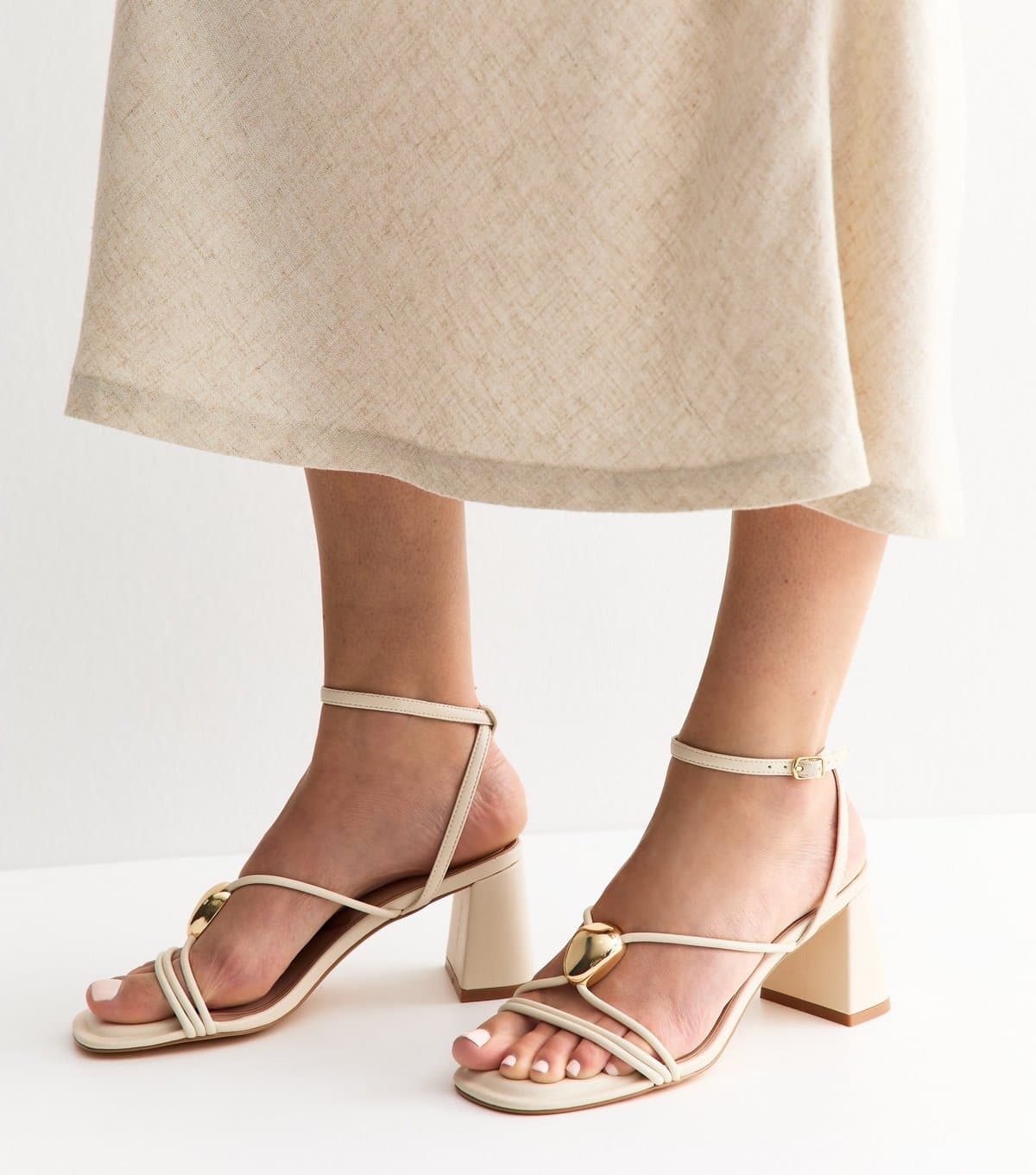 New Look Women's White Strappy Metallic Detail Block Heel Sandals Vegan New Look