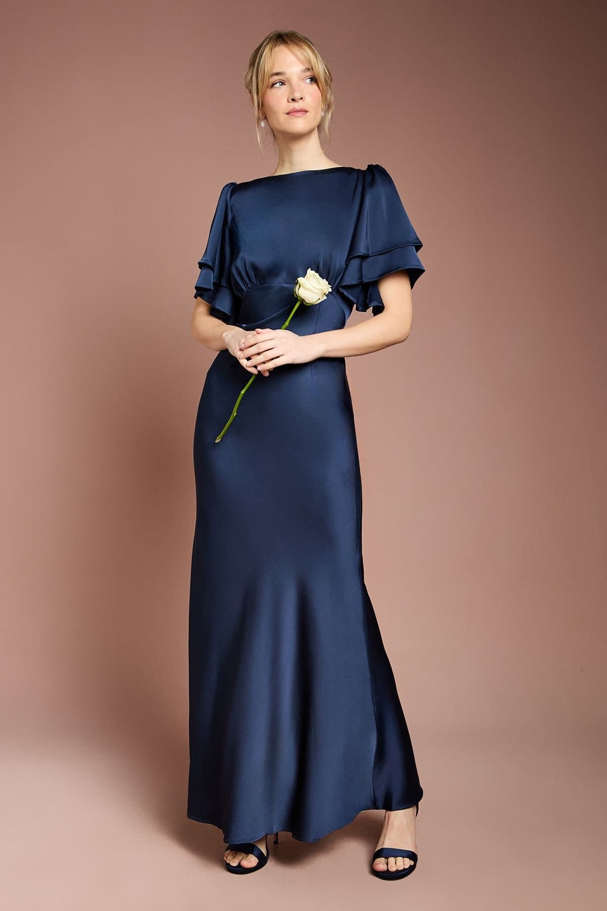 Coast Coast Women's Honoured Satin Back Crepe High Neck Short Sleeve Maxi Bridesmaid Dress in Navy