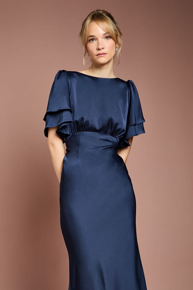 Coast Coast Women's Honoured Satin Back Crepe High Neck Short Sleeve Maxi Bridesmaid Dress in Navy - 2