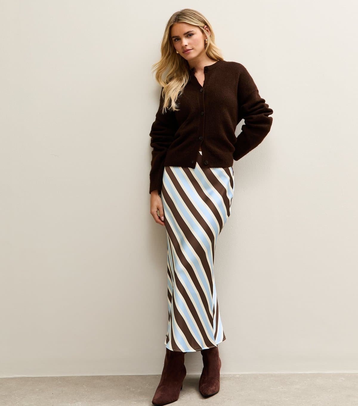 New Look Women's Petite Brown Striped Satin Bias Cut Midi Skirt New Look