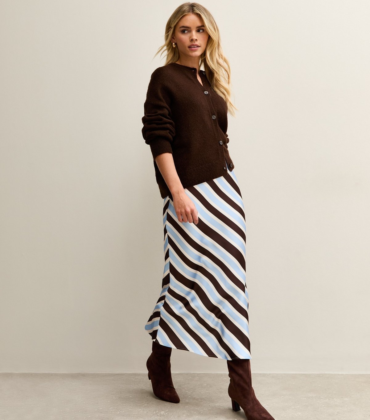 New Look Women's Petite Brown Striped Satin Bias Cut Midi Skirt New Look - 3